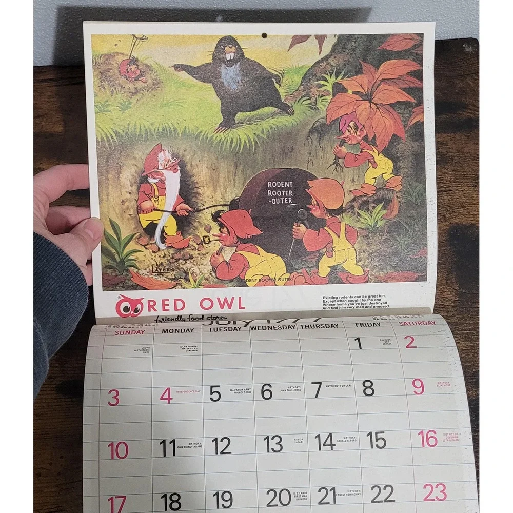 Vintage 1977 Red Owl Childrens Calendar 12 Month Elves‎ Wall Calendar Art